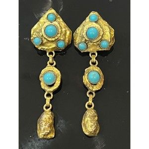 Vintage Mid Century HENRY PERICHON  Earrings Faux Turquoise  Gilt Bronze Rare